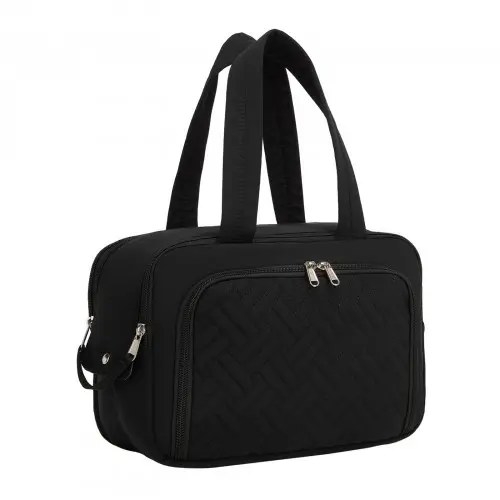Kono Travel Quilted Toiletry Bag Water-Resistant, Wet/Dry Pocket, Large 180 Opening for Easy Access - Black