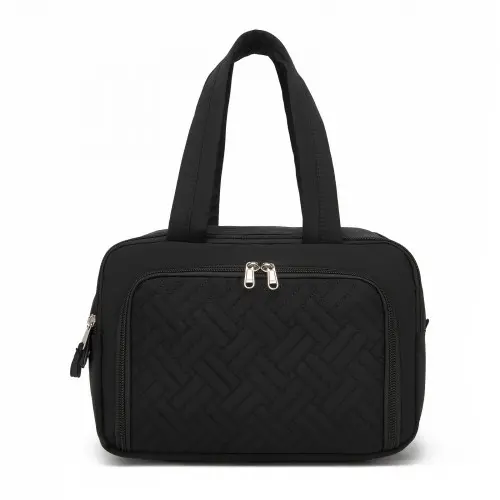 Alternative view of Kono Travel Quilted Toiletry Bag Water-Resistant, Wet/Dry Pocket, Large 180 Opening for Easy Access - Black