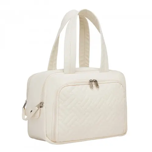 Kono Travel Quilted Toiletry Bag Water-Resistant, Wet/Dry Pocket, Large 180 Opening for Easy Access - Beige