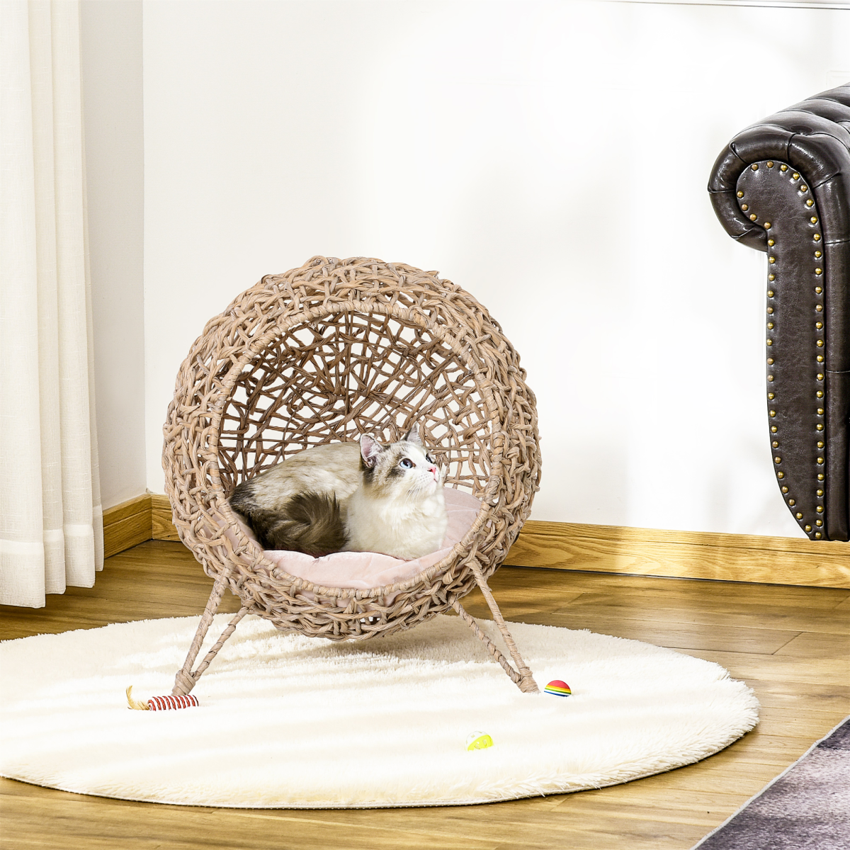 Alternative view of Rattan Elevated Cat House Kitten Bed Pet Furniture w/ Cushion Natural