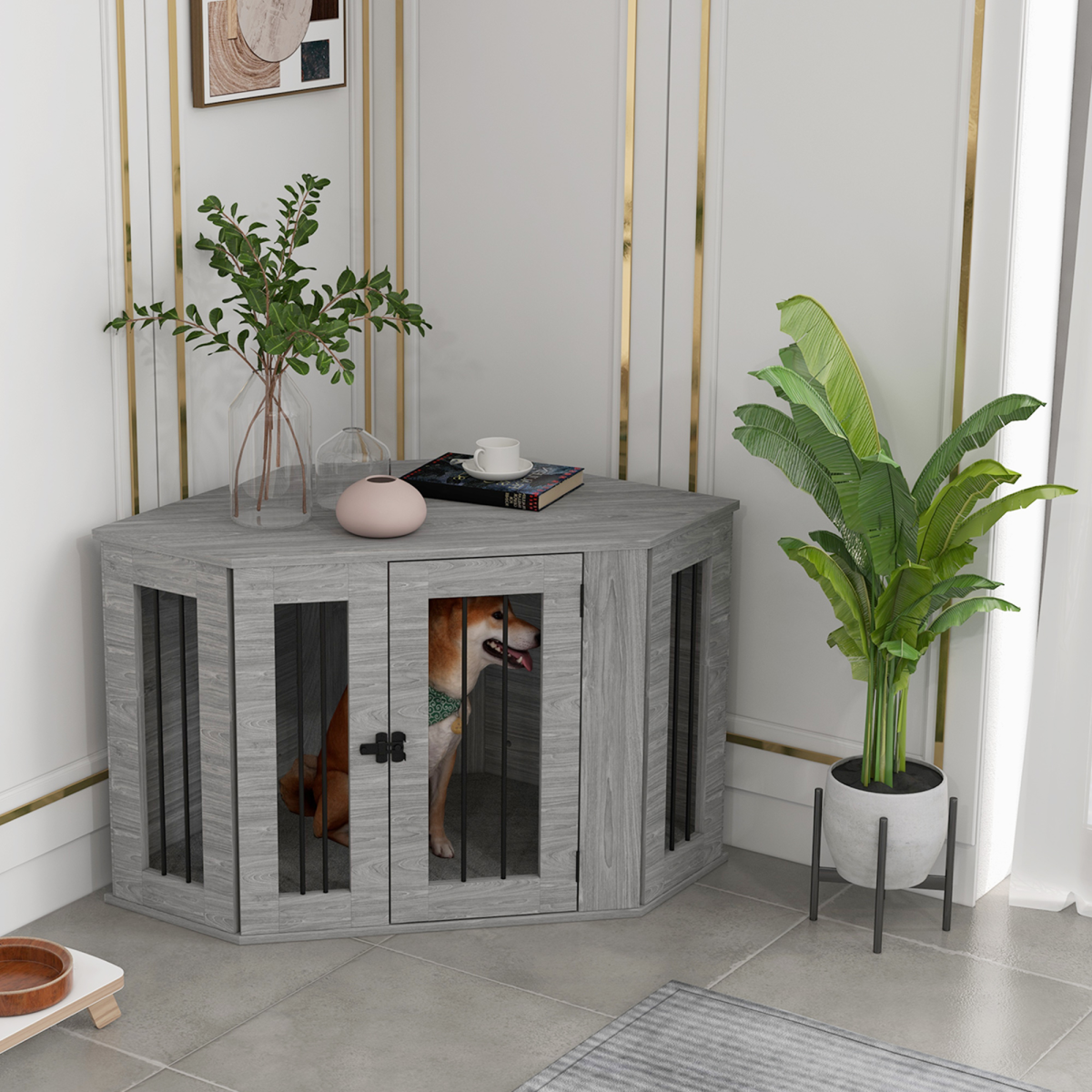 Alternative view of PawHut Dog Crate Furniture for Medium Dogs w/ Cushion, Large Door - Grey