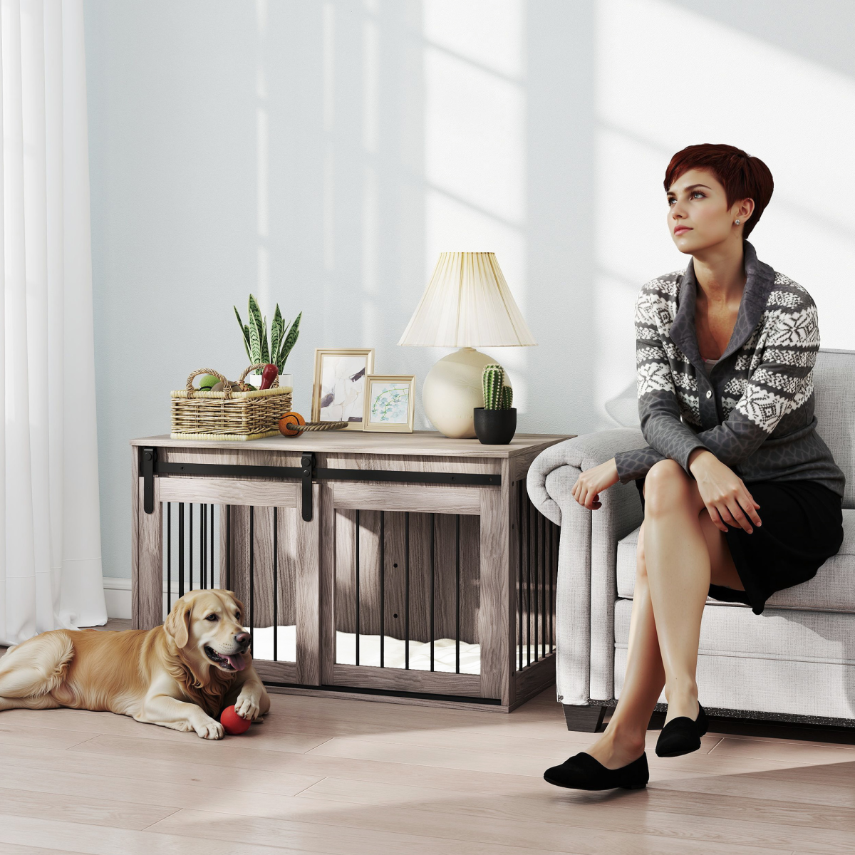 Alternative view of PawHut Dog Crate Furniture with Removable Cushion for Large Dogs - Brown