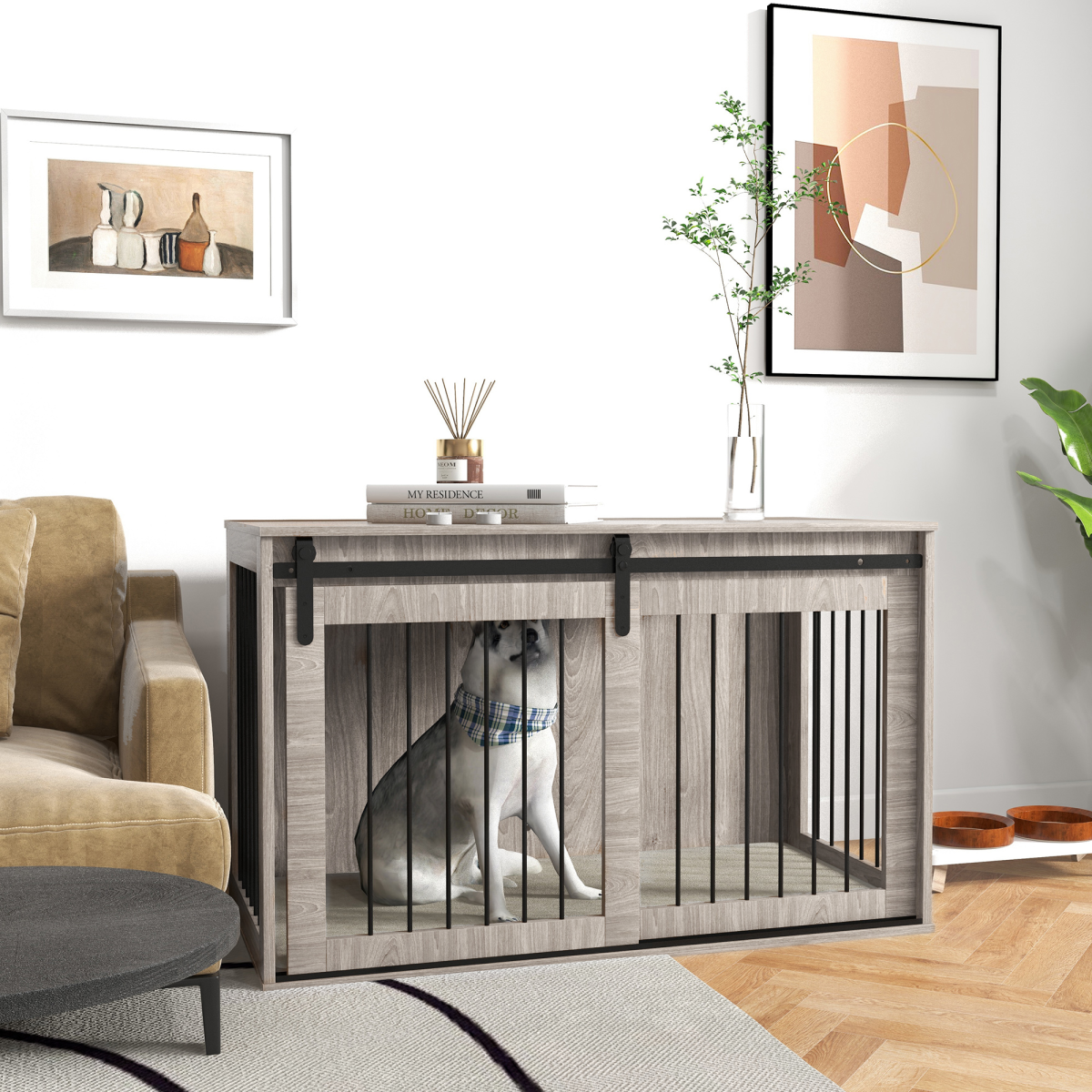 Alternative view of PawHut Dog Crate Furniture with Removable Cushion for XL Dogs - Brown