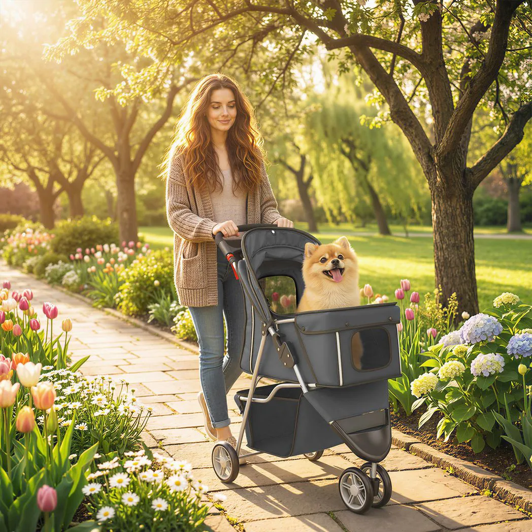 Alternative view of PawHut Dog Stroller, 3 Wheels Foldable Pet Stroller with Adjustable Canopy, Storage Basket for Small Mini Breeds, Dark Grey