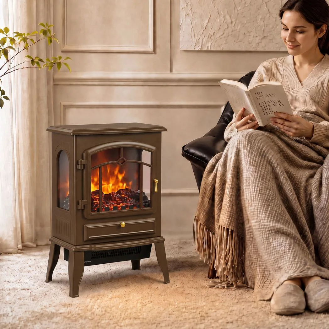 Alternative view of HOMCOM Electric Fireplace Stove, 1000/2000W 3-Sided Freestanding Fireplace Heater with 3D Flame Log, Thermostat, Brown