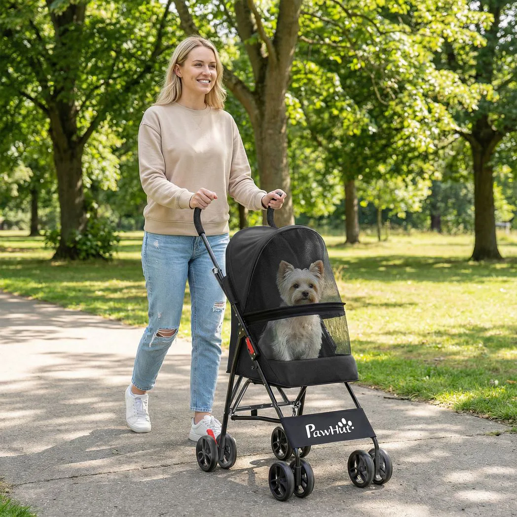 Alternative view of PawHut Dog Stroller, Foldable Cat Dog Pram for Miniature Breeds, Pet Stroller with Brake, Mesh Windows, Black
