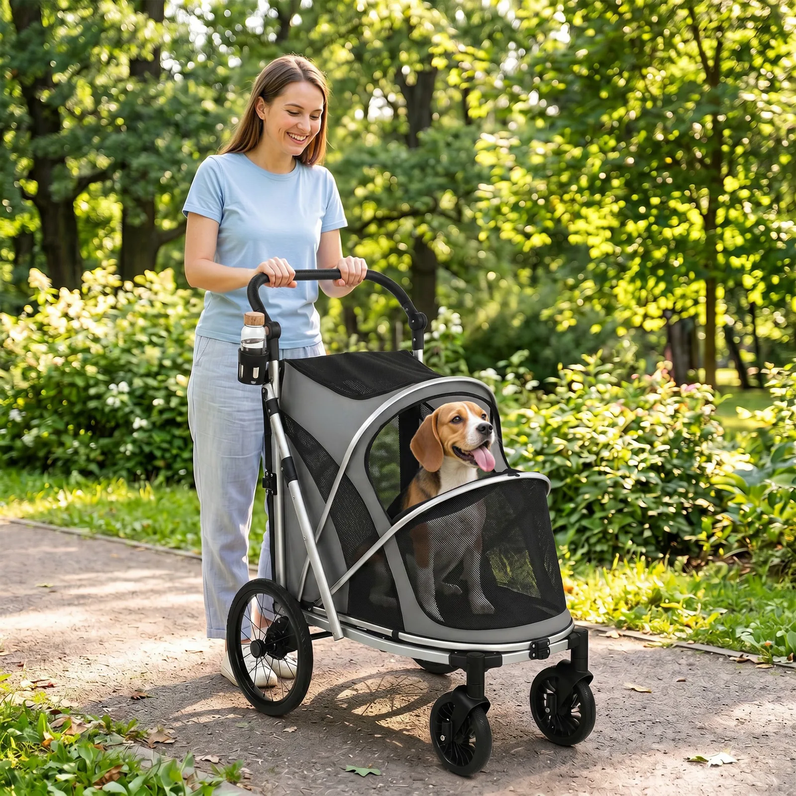 Alternative view of PawHut Dog Stroller, Easy Folding Pet Stroller for Small and Medium Dogs with Shock Absorption, Maximum Load 20 kg, Grey