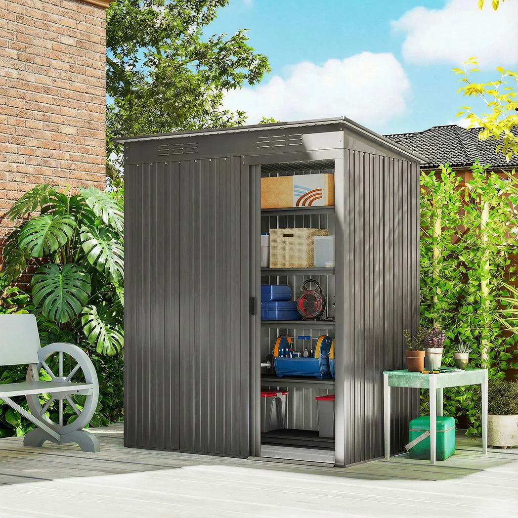 Alternative view of Outsunny 5 x 3.5ft Metal Garden Storage Shed with Effortless Assembly and 2 Pairs of Gloves, Waterproof Outdoor Shed, Light Grey