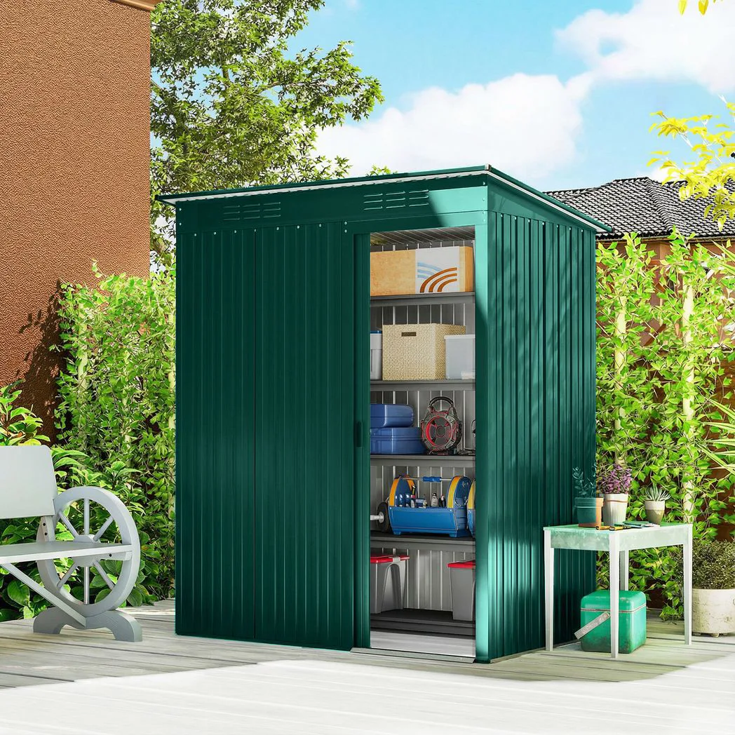 Alternative view of Outsunny 5 x 3.5ft Metal Garden Storage Shed with Effortless Assembly and 2 Pairs of Gloves, Waterproof Outdoor Shed, Green