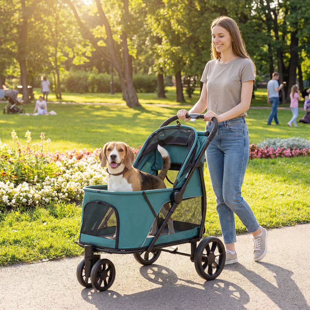 Alternative view of PawHut Dog Stroller, 3 Wheels Pet Stroller with Dual Entry, Easy One-Click Quick Fold, Mesh Windows, Washable Cushion